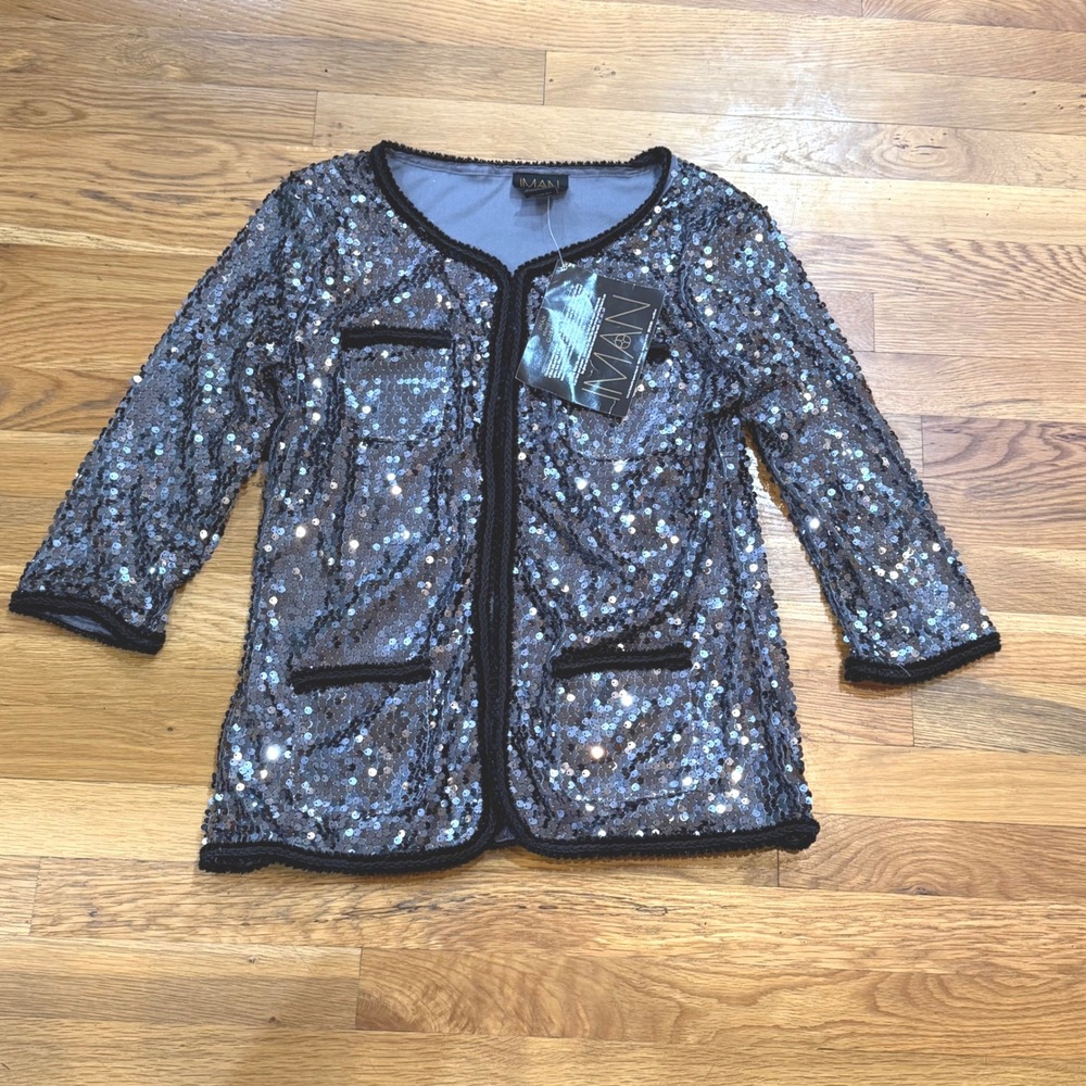 IMAN Silver Sequin Open Front Jacket‎ Black Braided Trim Womens Medium NWT